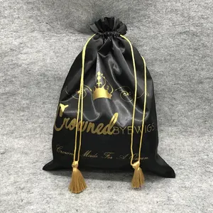2023 siyah baskılı altın özel Logo saten toz hediye paket ambalaj İpli yumuşak saten saç çantası