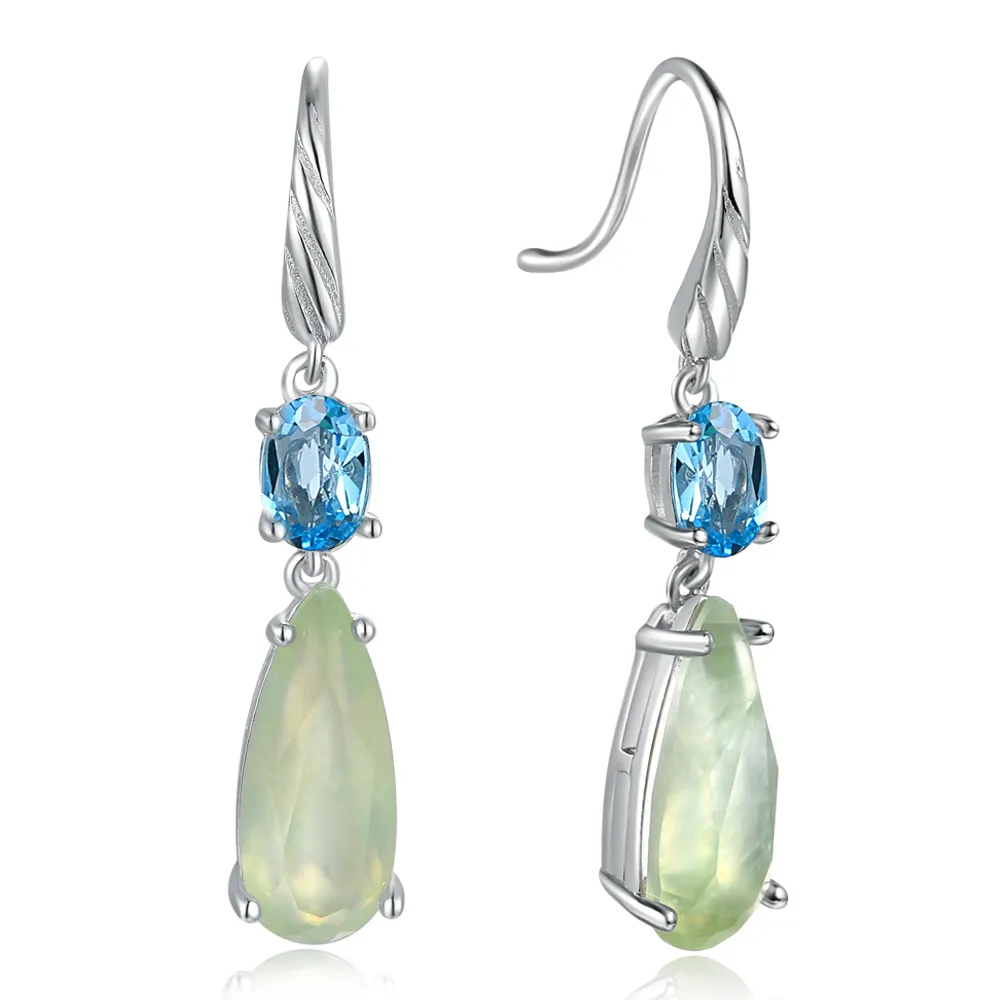 Csja — boucles d'oreilles en pierres précieuses naturelles, argent Sterling 925, Prehnite + 4x6mm, topaze bleue, bijou Simple pour femmes, e056, 6x14mm