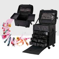 Trousse de toilette 2-en-1 de grande capacité avec fermeture à glissière Organisateur de coiffure cosmétique de voyage Sacs à roulettes en nylon noir