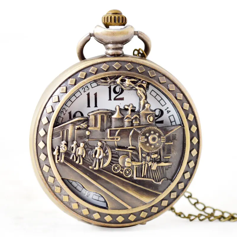 Reloj de bolsillo de cuarzo con agujeros, clásico, tren, bronce, vintage, Favor, hombre y mujer