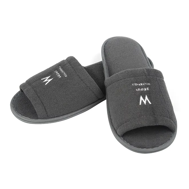Open toe Disposable 100% cotton grey velour velvet hotel eva slippers with gold embroidery