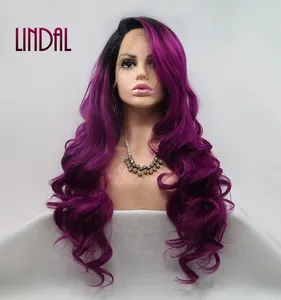 LINDAL Wig Ungu Ombre Depan Renda 24 "Wig 13X3 Warna-warni Tiongkok Gelap, Wig Renda Sintetis Keriting Grosir Guangdong