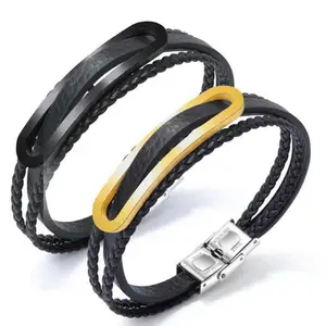 Pulseira de couro masculina, joia de estilo europeu, embalada, multicamada, com fecho de aço