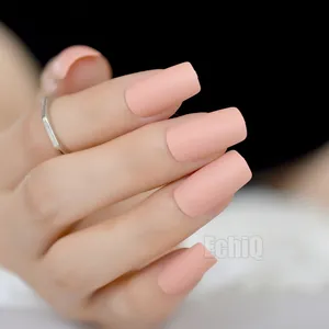 奶油裸体粉红色假指甲长修身哑光假指甲弗罗斯特方形艺术设计 DIY 全免费人造假指甲 24