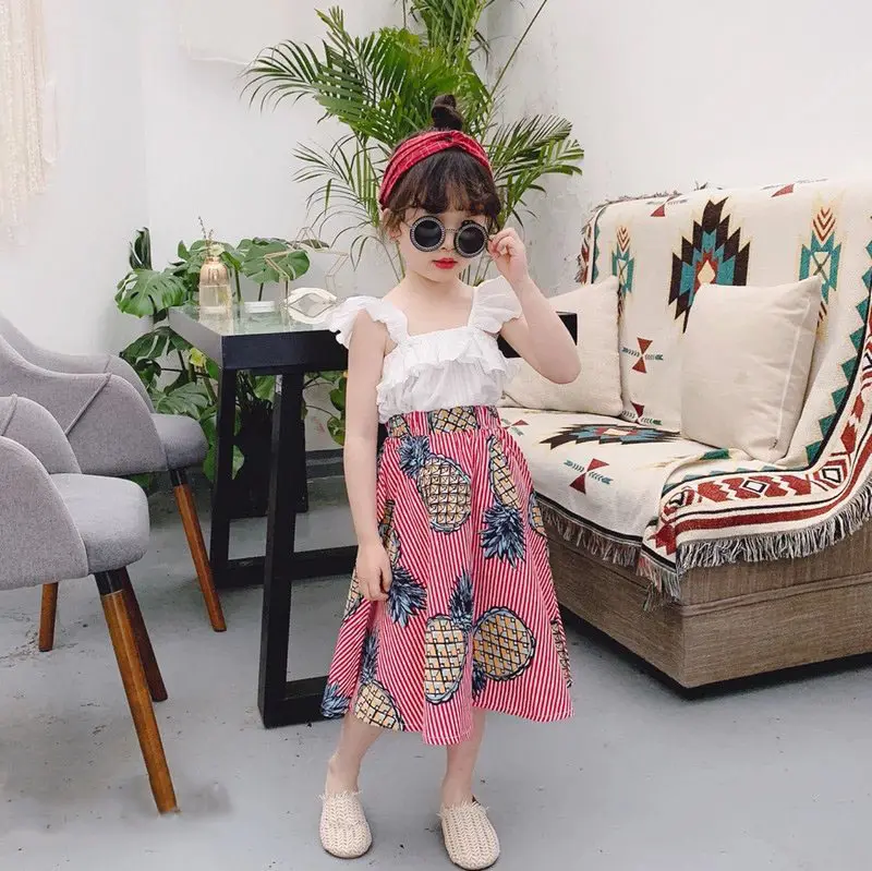Summer Kids Clothing Girl Dresses Petal Sleeve Shirt Crop Top And Skirt Set Boho Beach Skirt Fruit Printed Skirts