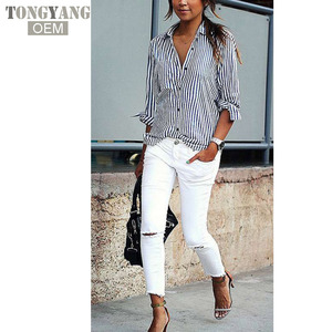 Tongyang kemeja lengan panjang garis-garis wanita, blus longgar kerah lipat musim gugur, atasan kasual wanita ukuran Plus 3XL - Product Image 3