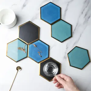 Restaurant luxury gold rimmed italian hexagon shape ceramic bulk coasters for tea cup