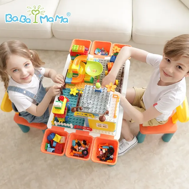 Kids Activity Water Play Building Blocks and Storage Table for Toddler Includes 1 Table, 2 Chairs