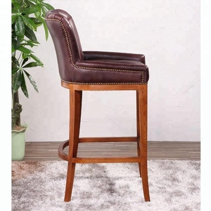 Vintage French Outdoor Barstool Teak <strong>Bar</strong> <strong>Stools</strong> Chair Genuine Top Grain <strong>Leather</strong>/PU Oak Wood Leg Buttons Restaurant - Product Image 5