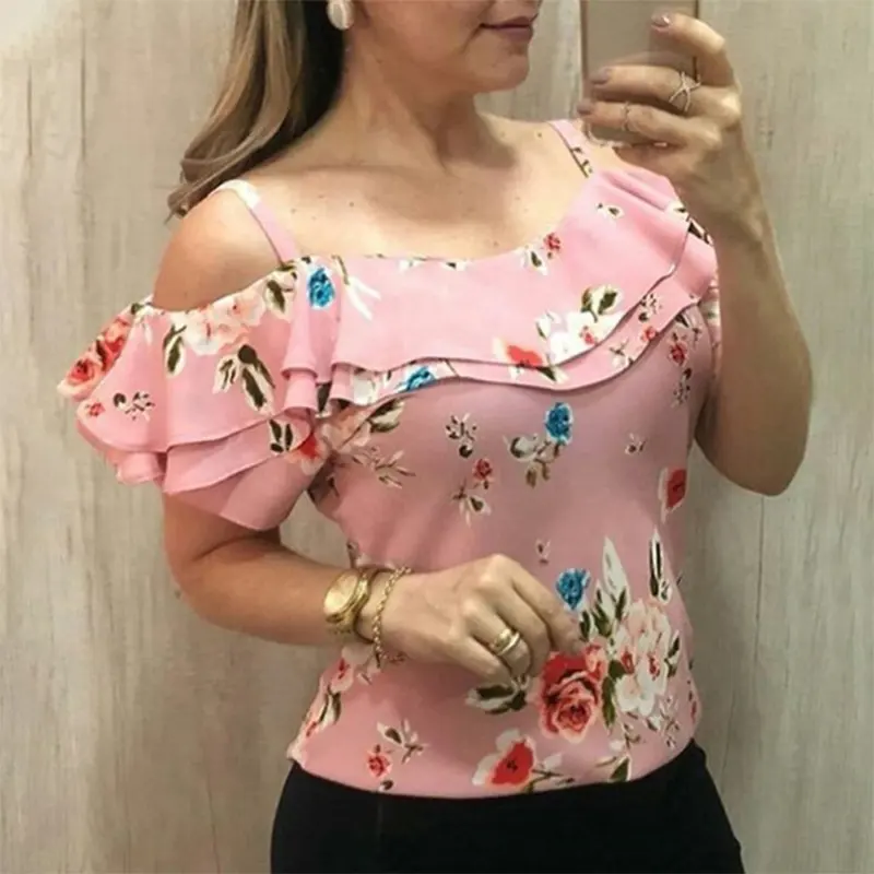 2019 Summer Short Sleeve Ladies Ruffled Shoulder Strap Floral Print Top