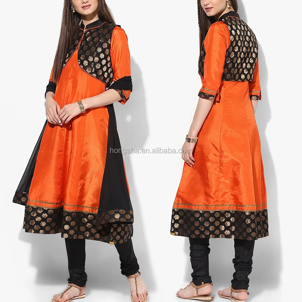 Oranye Dicetak Viscose Churidar Kameez Dupatta dengan Desain Jaket Desainer Kurtis Panjang Pakistan untuk Jahitan