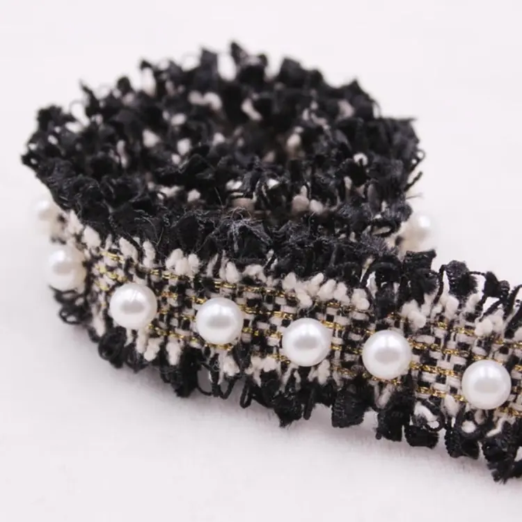 hot selling french woman style pearl beaded tweed lace trim for clothing collar