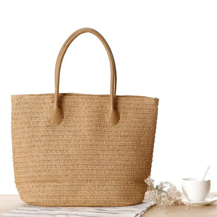 Hasır fransız sepeti market sepeti plaj çantası, el yapımı fas sepeti, doğal fransız sepeti kolu deri rafya hasır çanta