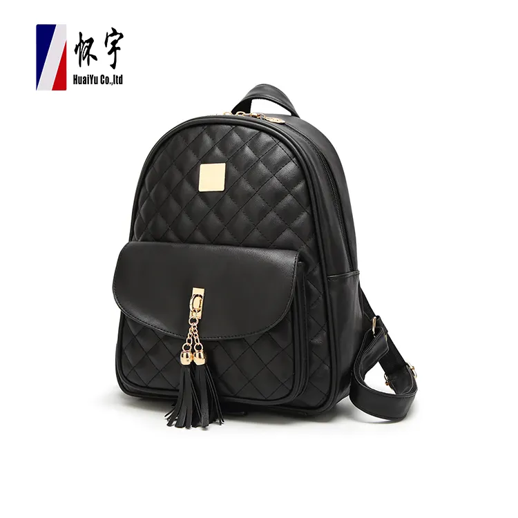 Cheap Fashion Pu Leather Good Quality Custom Tassels Decorate Black School Girl Backpack for Woman
