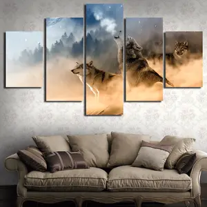 Décoration murale moderne pour la maison sur toile Image d'art Impression HD Peinture sur toile Oeuvres Matin Brumeux Forêt Loups Animal Hiver 5 Pièces