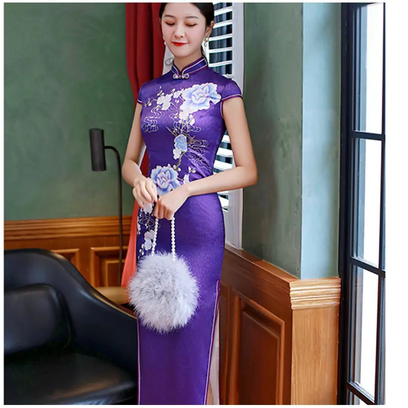 2019 lente zomer nieuwe stijl paars zijde satijn verbeterd afdrukken cheongsam plus size vintage qipao