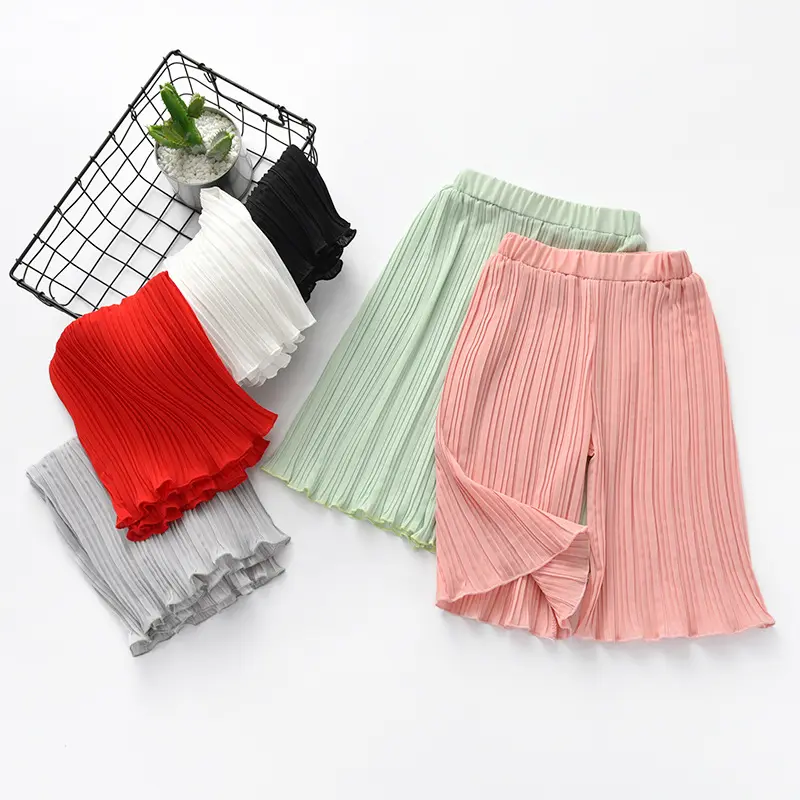 kids Girls 7 pants 2018 summer new chiffon pleated wrinkles 7 points loose wide leg pants small children's casual pants