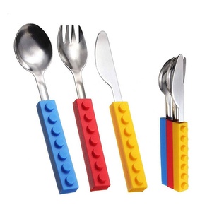 3 Pcs Building Block <strong>Kids</strong> <strong>Cutlery</strong> Sets Spoon Fork and Knife With Silicone Handle Stainless Steel Utensils Flatware - Product Image 3