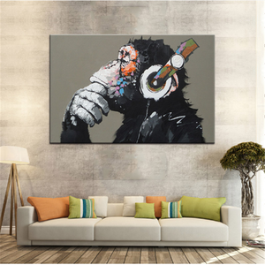 Groot Dier Canvas Schilderij 3d Muur Kunst Grappig Denken Aap Met Hoofdtelefoon Foto Kinderkamer Decor Cusdros
