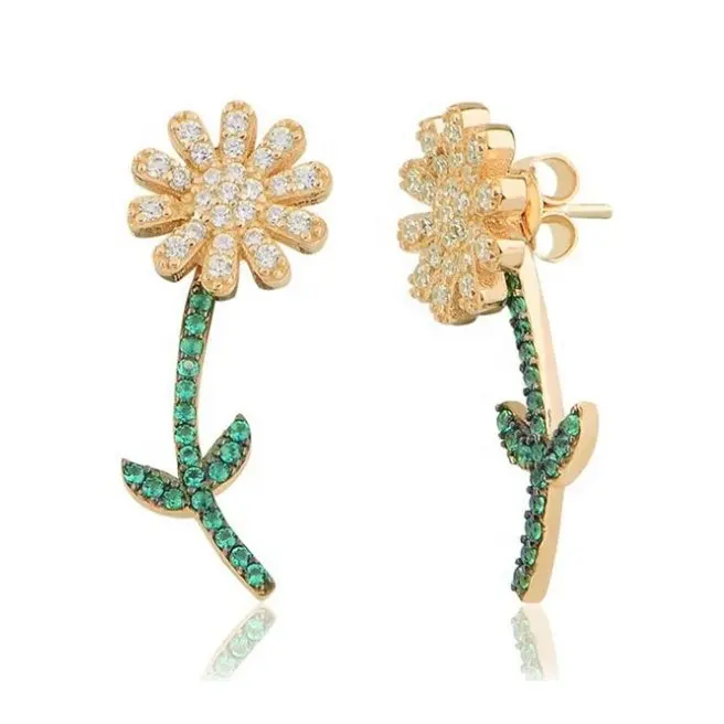 LOZRUNVE Turkish Jewelry 925 Silver Colored Emerald Flower Front Back Sunflower Earring for Women