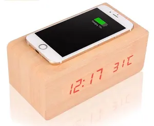 EMAF2024デジタル時計ワイヤレス充電器10W15Watt携帯電話LED木製目覚まし時計家庭用