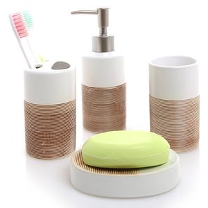 Ensemble de salle de bain en céramique blanc et <span class=keywords><strong>beige</strong></span> 4 pièces avec distributeur de savon, porte-brosse à dents, gobelet et porte-savon - Product Image 3