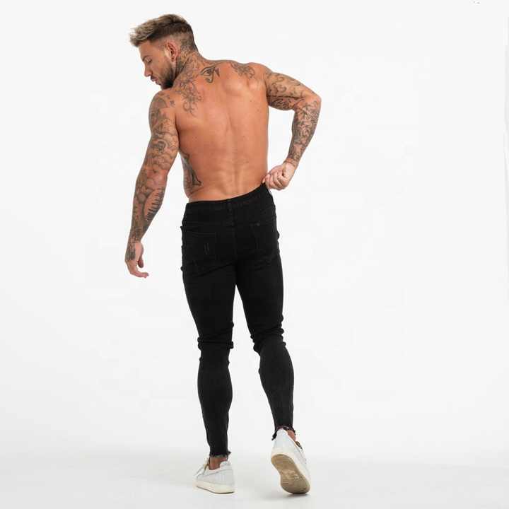 Gingtto  Jeans Men Elastic High Waist Skinny Jeans Black Ripped Hem Jeans for Men