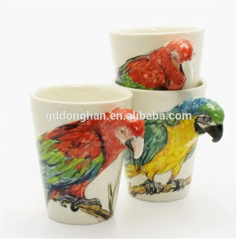 3D Kaffeebecher Papagei aus Keramik mit Ara als Griff 3D Tasse Ara Papagei 