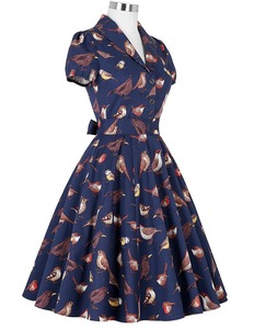 BP000161-1 Belle Poque Stock Robe rétro vintage à manches courtes à motif d'oiseaux en coton rétro des années 50 - Product Image 2