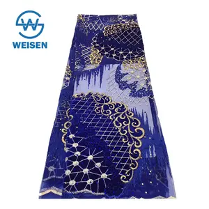 Royal Blue Borduren Kralen Tulle Kraal Franse Hoge Kwaliteit Afrikaanse Kant Stof