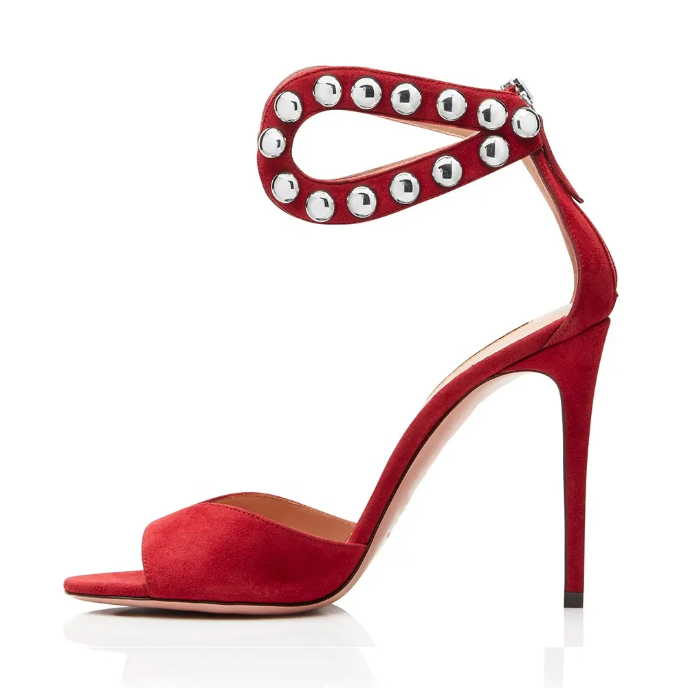 Sexy Metal rojo Sandalias de tacón alto mujeres Peep Toe zapatos de noche tacones damas verano tachonado Zapatos de gran tamaño 2018