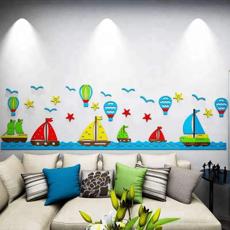 Sailboat Sailing Ship Sea Fish Kids Wall sticker Home DIY decorative TV Background removable Nursery 3D wall stickers