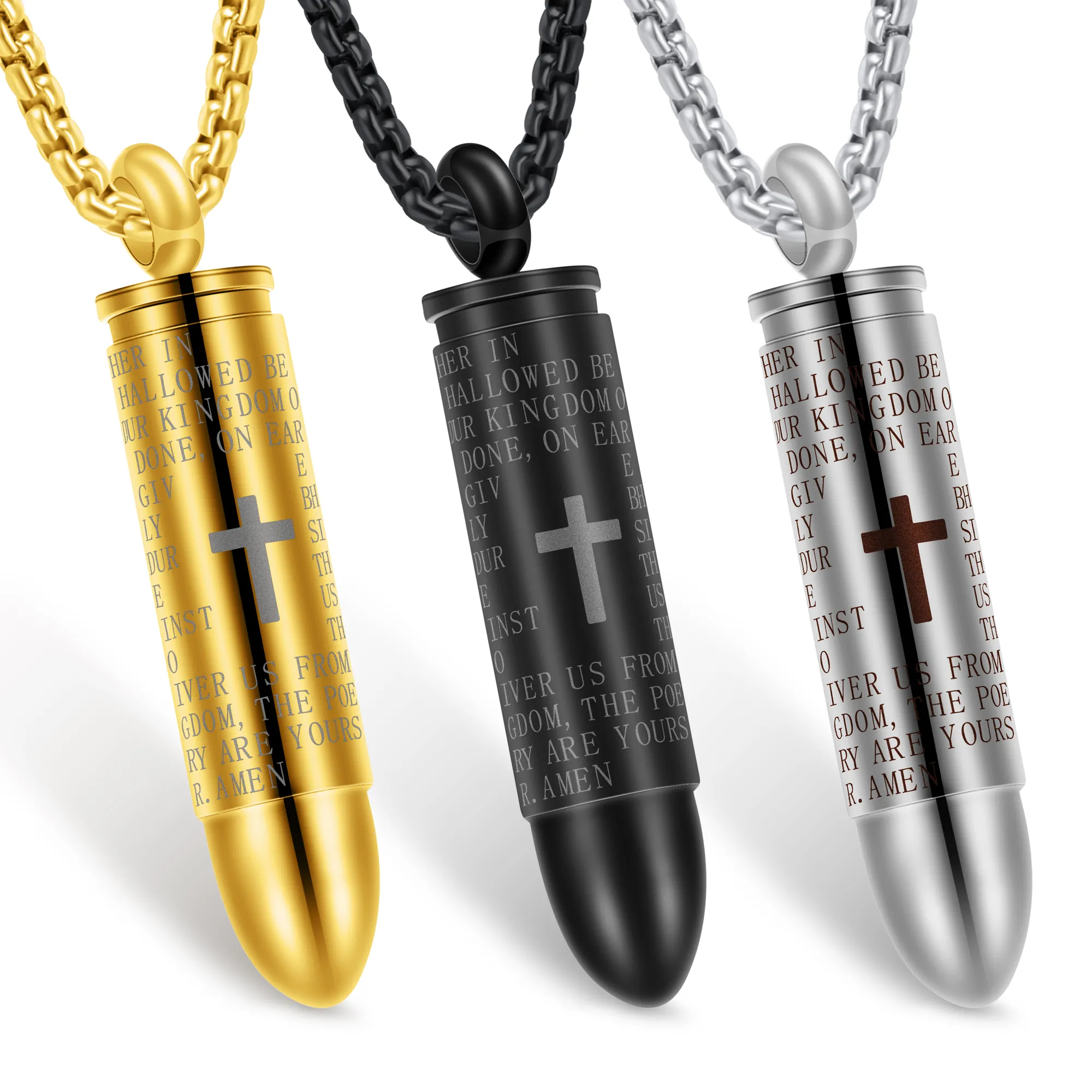 Open Bullet Cross Pendant Men Necklace 24" Chain Stainless Steel Vintage Bullet Necklace Male Jewelry Pendant