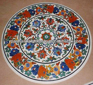 Plateau de table en marbre indien avec incrustations en pierre, œuvre d'art en Pietra Dura sur le plateau de table - Product Image 1