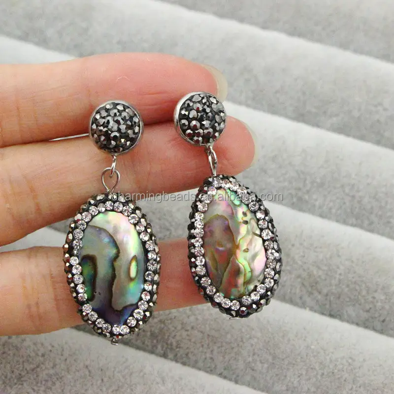 CH-LSE0031 Newest hot sell rhinestone pave crystal earrings,paua shell setting earrings,abalone shell earrings jewelry wholesale