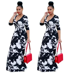 Summer Sexy Women Mature Big Boob Black and White Floral Maxi Dress