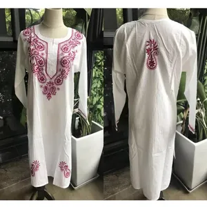 Latest red embroidery white long dress for women, Indian style