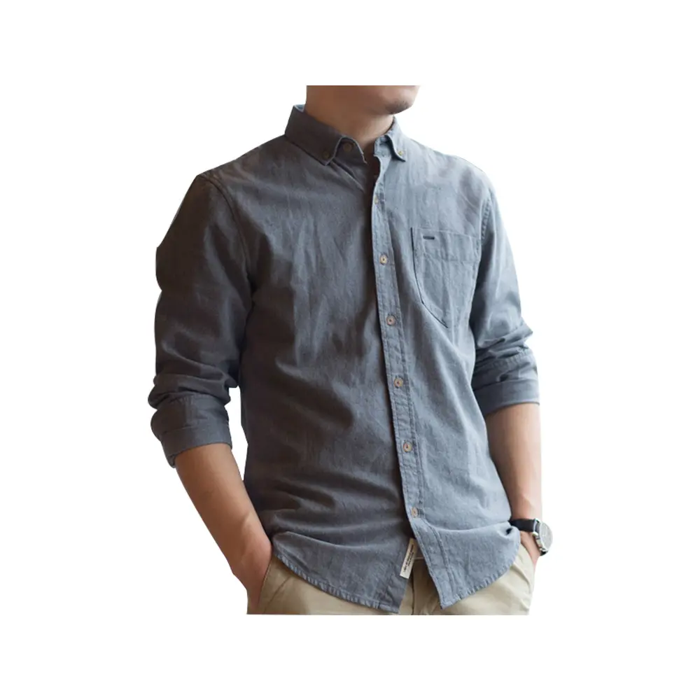 MJ TAILORED LOW MOQ CHEST POCKET SOLID BLUE 100% COTTON MENS CHAMBRAY SHIRT