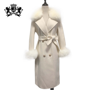 Dài Đầy Đủ Coat Fox Fur Cắt Tỉa Phụ Nữ Sang Trọng Màu Hồng/Đen LEN/Cashmere Coat Cho Mùa Đông