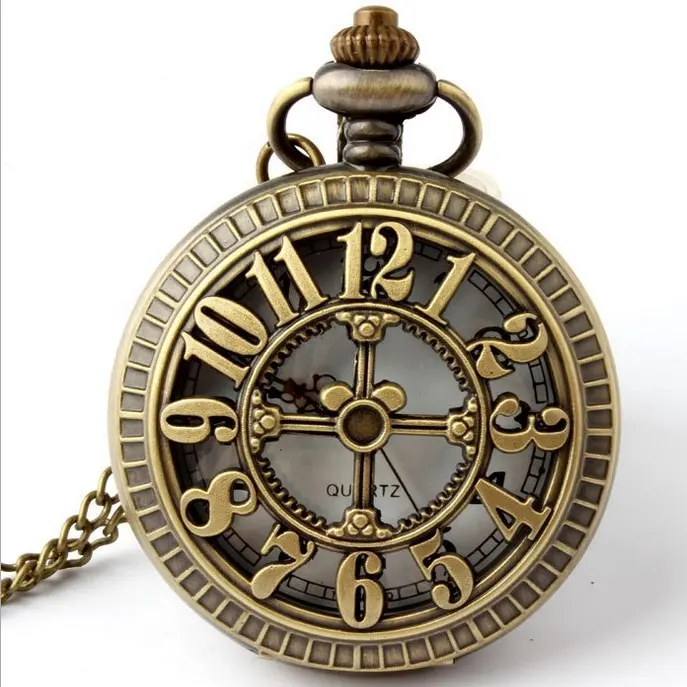 Bronze Antique Rome Number Hollow Quartz Pocket Watches Necklace Pendant Women Men Fashion FOB Pendant Chain Watch Gifts