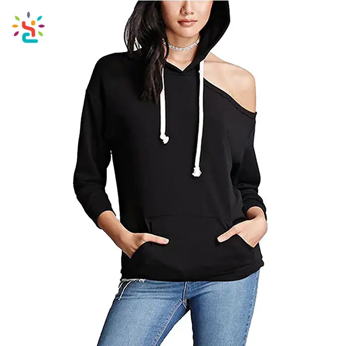 Sıcak satış kapalı omuz hoodie bir soğuk omuz kadın hoodies boş düz 100% pamuk kapüşonlu