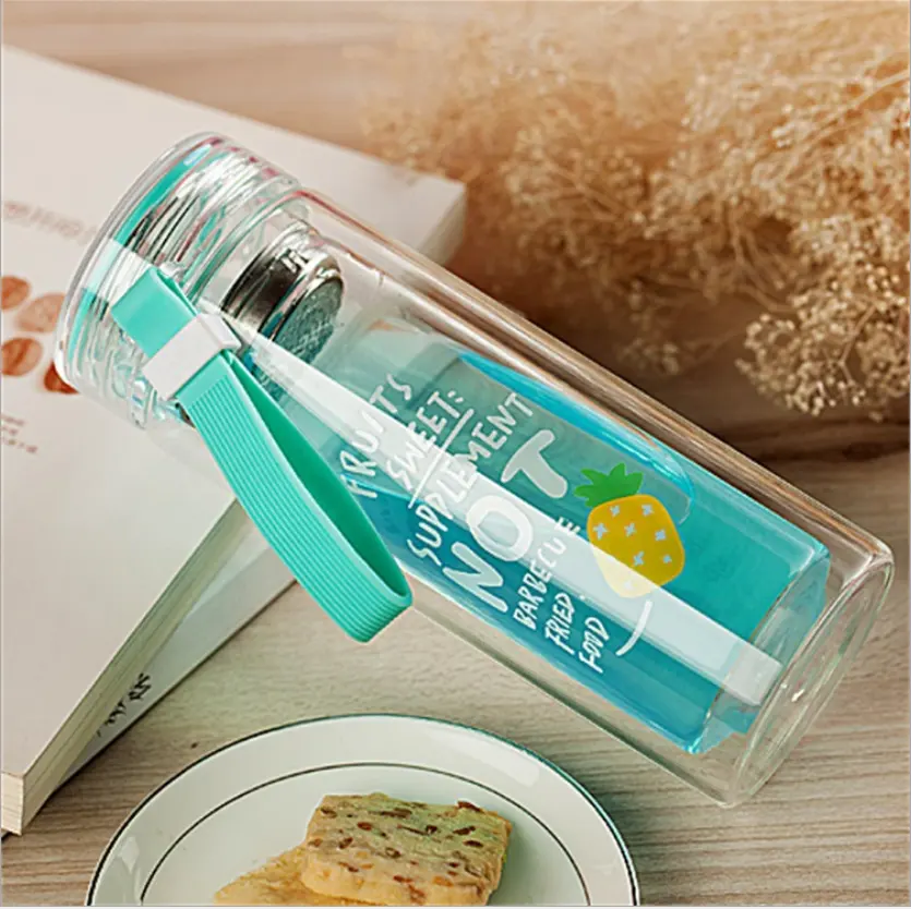 300ml heat-resistant unbreakable Food Grade BPA Free Borosilicate glass water bottle with Strap for Kids and Students