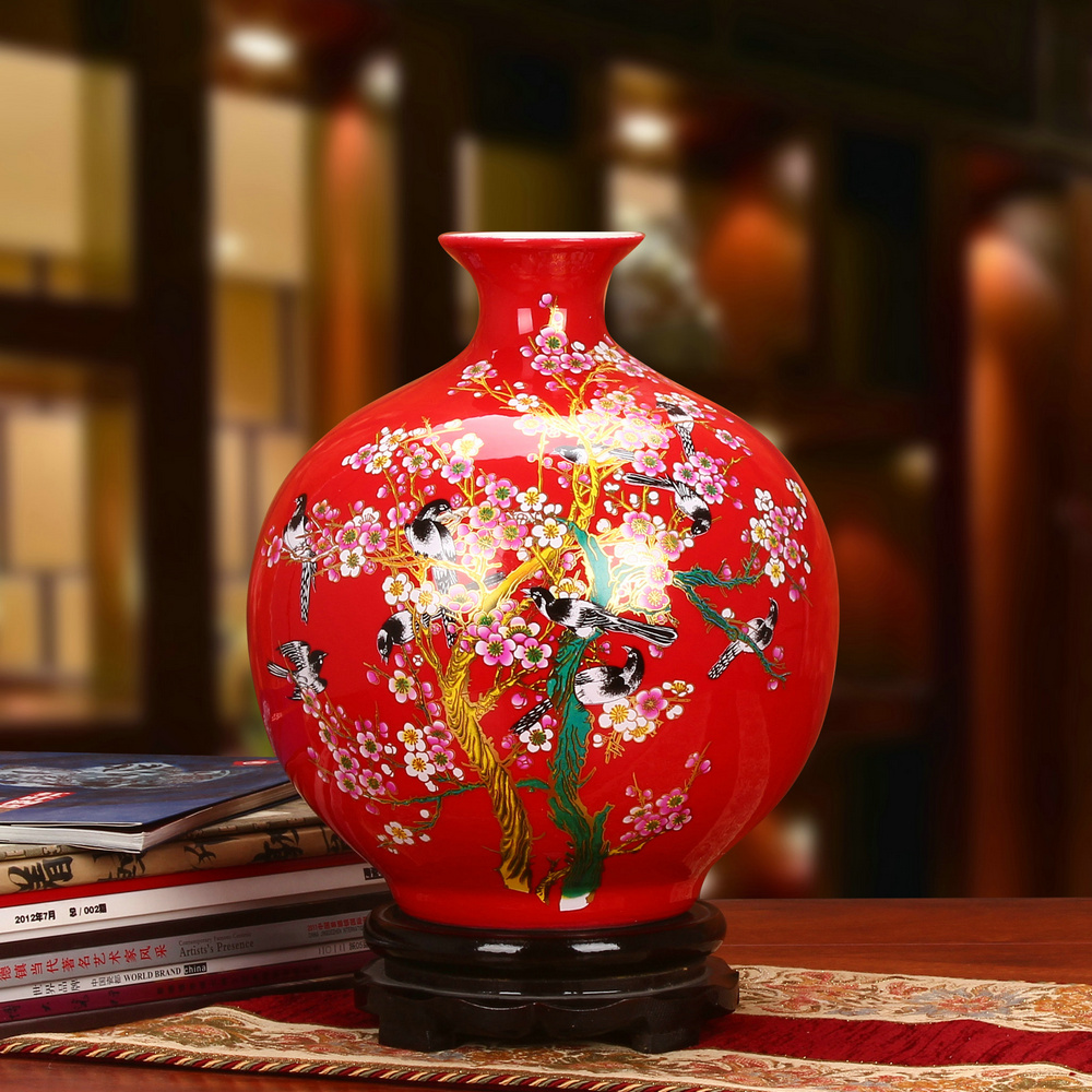 赤と金の火の鳥装飾陶器花瓶 アンティークの手作り花鳥画中国陶磁器の赤い花瓶、ホーム