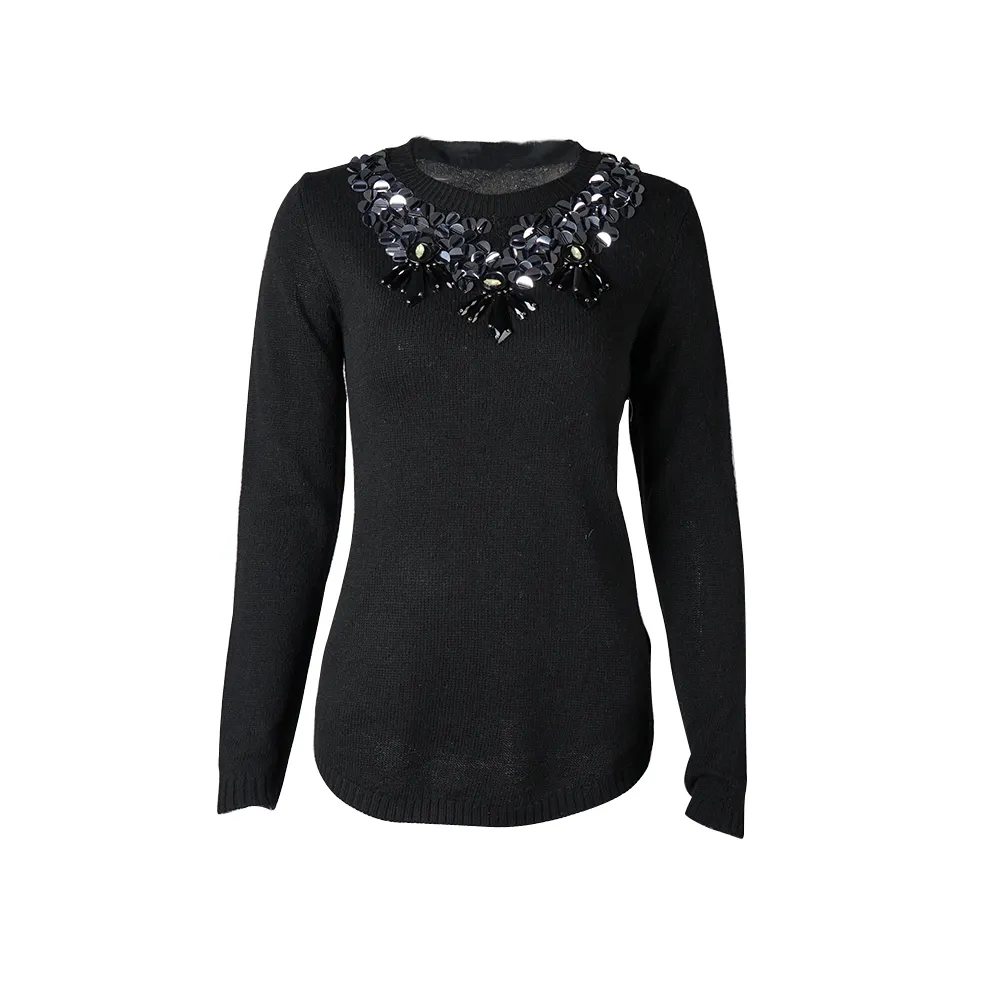 2018 ropa para mujer trims decorated around neck collar solid color black long sleeves chunky sweater