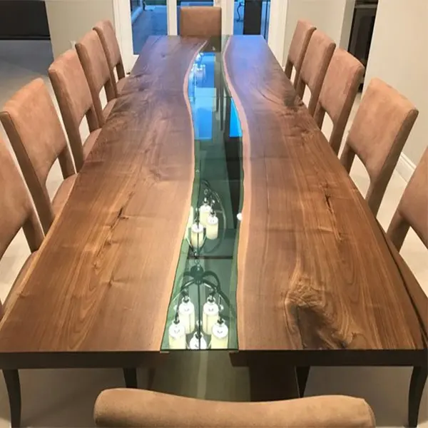 Mesa de comedor de resina de madera maciza de alta gama, mesa de centro de losa de resina