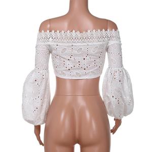 Camicetta Bianca da Donna alla Moda con Spalle Scoperte e Pizzo, <span class=keywords><strong>Top</strong></span> Corto Estivo a <span class=keywords><strong>Maniche</strong></span> <span class=keywords><strong>Lunghe</strong></span> con Fascia, Camicia Sexy Traforata Casual - Product Image 4