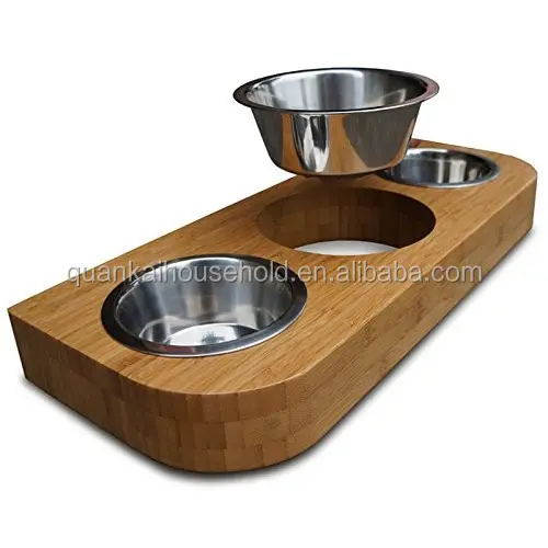 3 개의 스테인리스 그릇을 가진 자연적인 대나무 목제 애완 동물 식탁