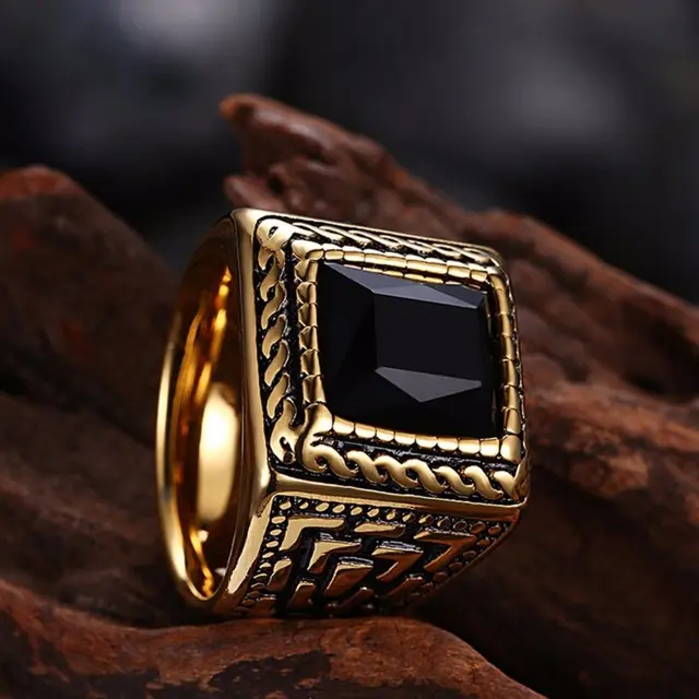 Мужское уплотнительное кольцо с квадратным Черным Камнем, кольцо золотого цвета, классическое обручальное кольцо, мужские кольца, титановое кольцо из нержавеющей стали