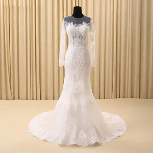 RSM66165 escote redondo cubierto volver sirena del vestido de boda delgado de manga larga de encaje vestido de novia musulmana - Product Image 1