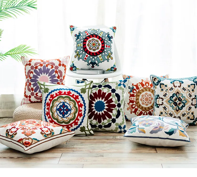 Monad European Ethnic Decorative Hand Embroidery Design Throw Flowers Pillow Cushion Cover